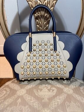 Blue and Cream Studded Dome Satchel Handbag